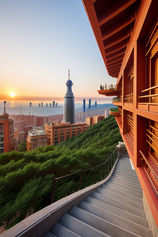, Tower, designed by Frank Lloyd Wright, Neofuturist Architecture, Chinesearchitecture, in Barcelona, sunset, futuristic pagoda based on stairs