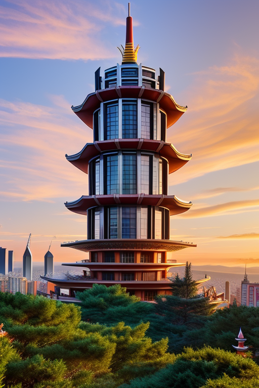 , Tower, designed by Frank Lloyd Wright, Neofuturist Architecture, Chinesearchitecture, in Barcelona, sunset, futuristic pagoda based on stairs