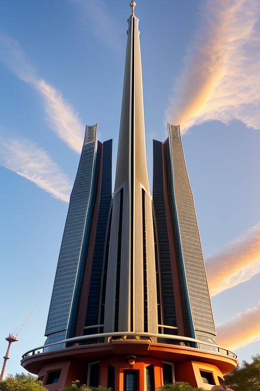 , Tower, designed by Frank Lloyd Wright, Neofuturist Architecture, Chinesearchitecture, in Barcelona, sunset, futuristic pagoda based on stairs