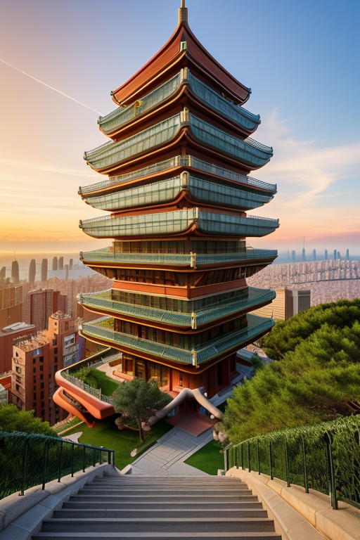 , Tower, designed by Frank Lloyd Wright, Neofuturist Architecture, Chinesearchitecture, in Barcelona, sunset, futuristic pagoda based on stairs