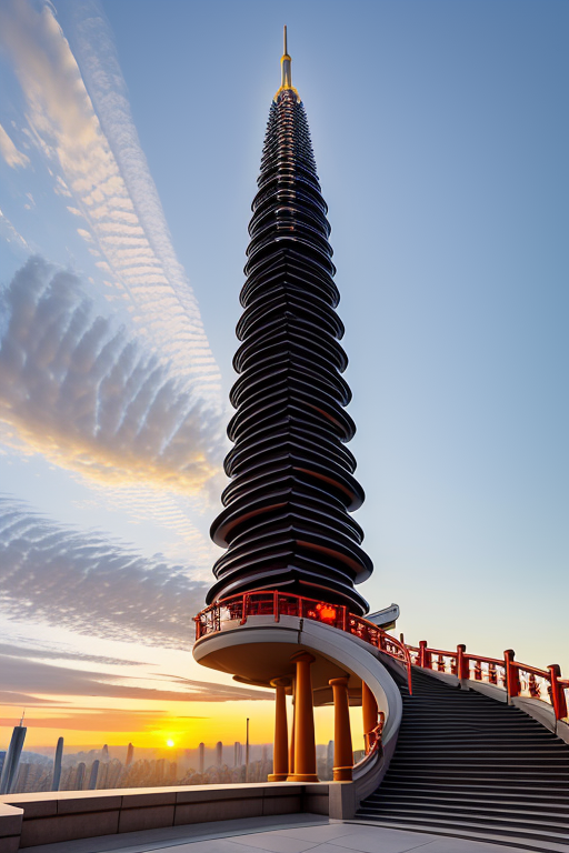 futuristic pagoda based on stairs by Frank Lloyd Wright, Neofuturist Architecture, Chinesearchitecture, in Barcelona, sunset
