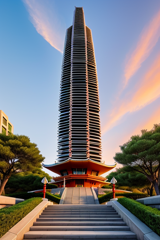 futuristic pagoda based on stairs by Frank Lloyd Wright, Neofuturist Architecture, Chinesearchitecture, in Barcelona, sunset