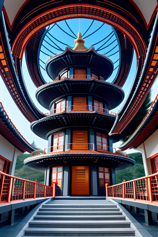 futuristic pagoda without walls and windows,conected by stairs