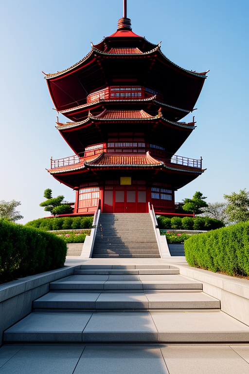 futuristic pagoda without walls and windows,conected by stairs