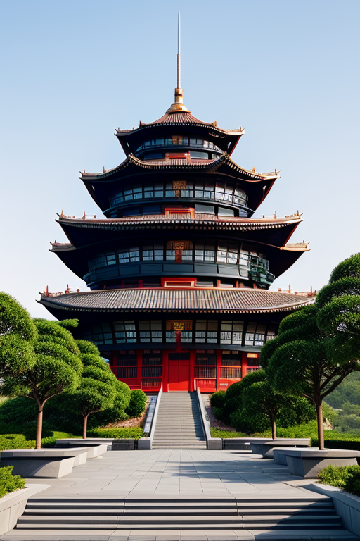 futuristic pagoda without walls and windows,conected by stairs