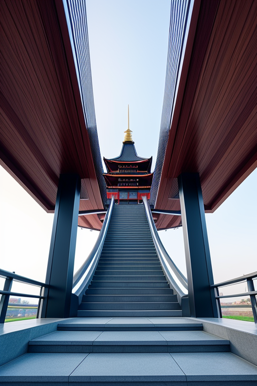 futuristic pagoda without walls and windows,conected by stairs