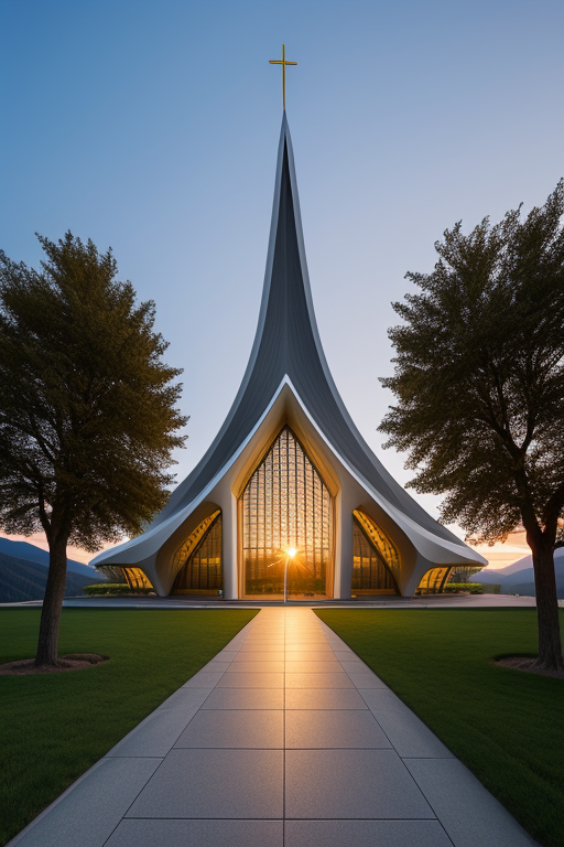 , Church, designed by Norman Foster, Neofuturist Architecture, sunset, in the mountains