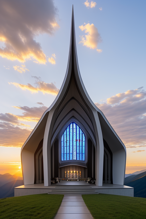 , Church, designed by Norman Foster, Neofuturist Architecture, sunset, in the mountains