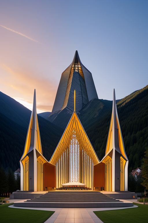 , Church, designed by Norman Foster, Neofuturist Architecture, sunset, in the mountains