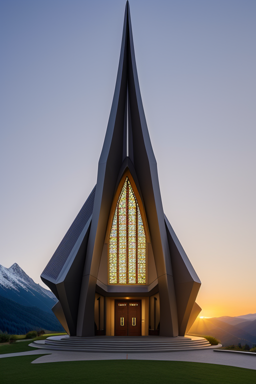 , Church, designed by Norman Foster, Neofuturist Architecture, sunset, in the mountains