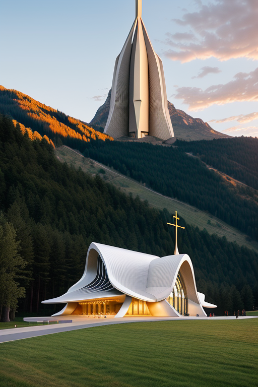 , Church, designed by Norman Foster, Neofuturist Architecture, sunset, in the mountains