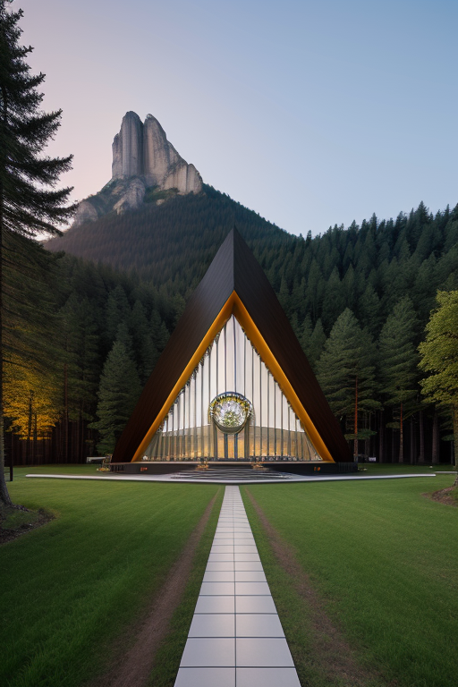 , Church, designed by Norman Foster, Neofuturist Architecture, sunset, in the mountains, Hotel, Modern Architecture, morning, in the forest