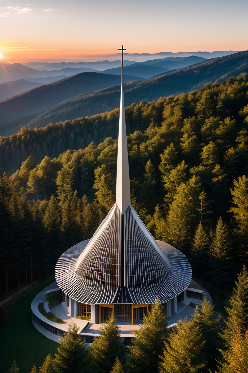 , Church, designed by Norman Foster, Neofuturist Architecture, sunset, in the mountains, Hotel, Modern Architecture, morning, in the forest