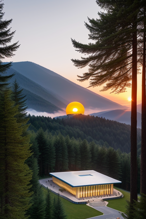 , Church, designed by Norman Foster, Neofuturist Architecture, sunset, in the mountains, Hotel, Modern Architecture, morning, in the forest