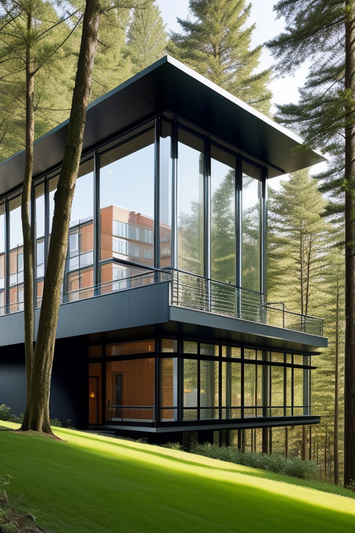 , Hotel, designed by Renzo Piano, Constructivism Architecture, morning, in the forest