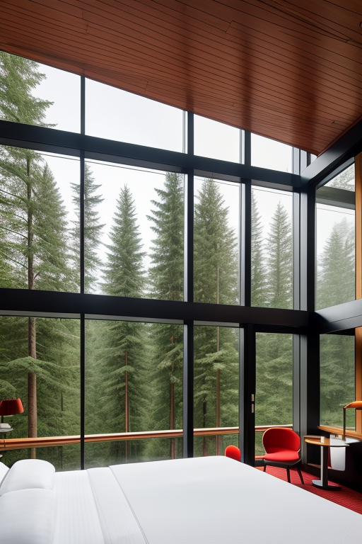 , Hotel, designed by Renzo Piano, Constructivism Architecture, morning, in the forest