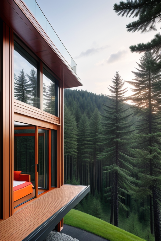 , Hotel, designed by Renzo Piano, Constructivism Architecture, morning, in the forest