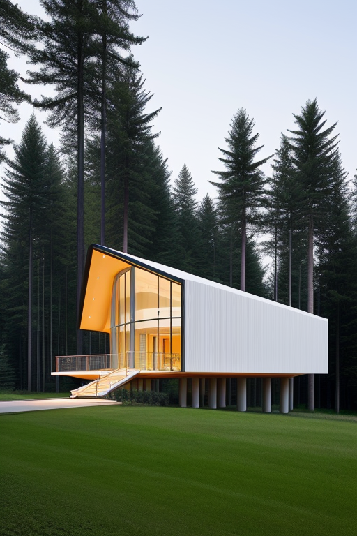 , Hotel, designed by Renzo Piano, Constructivism Architecture, morning, in the forest, designed by Norman Foster, , Modern Architecture
