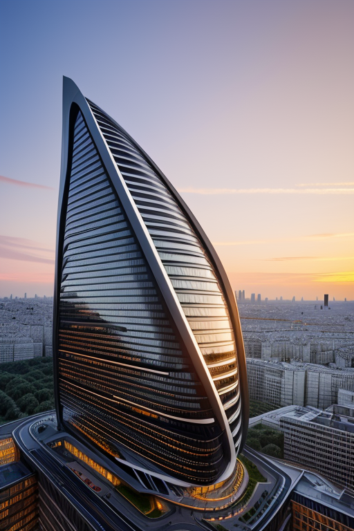 , Hotel, designed by Zaha Hadid, Modern Architecture, sunset, in Paris