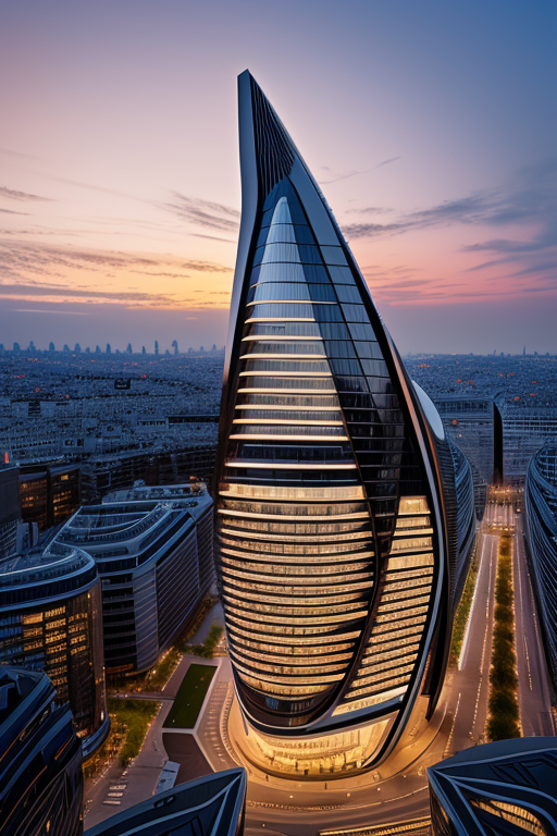 , Hotel, designed by Zaha Hadid, Modern Architecture, sunset, in Paris