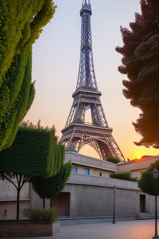 Tower, designed by Le Corbusier, Islamic architecture, sunset, in Paris