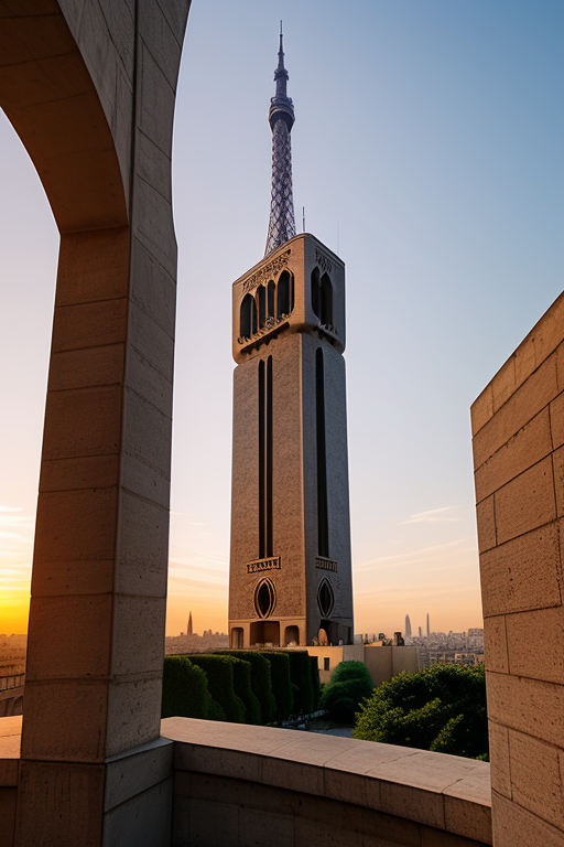 Tower, designed by Le Corbusier, Islamic architecture, sunset, in Paris
