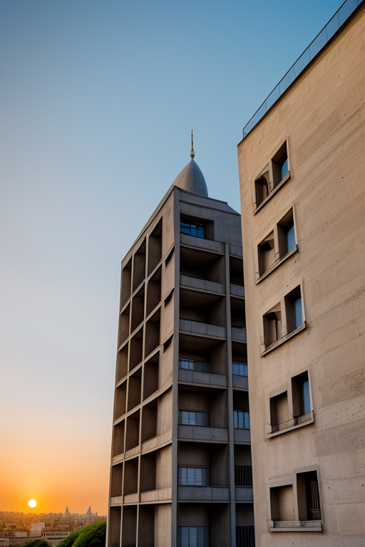 Tower, designed by Le Corbusier, Islamic architecture, sunset, in Paris