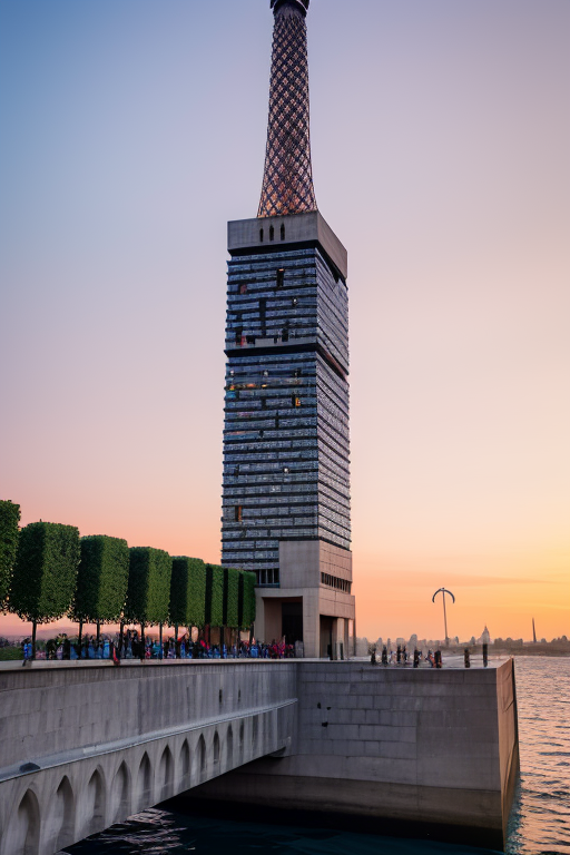 Tower, designed by Le Corbusier, Islamic architecture, sunset, in Paris, in the ocean