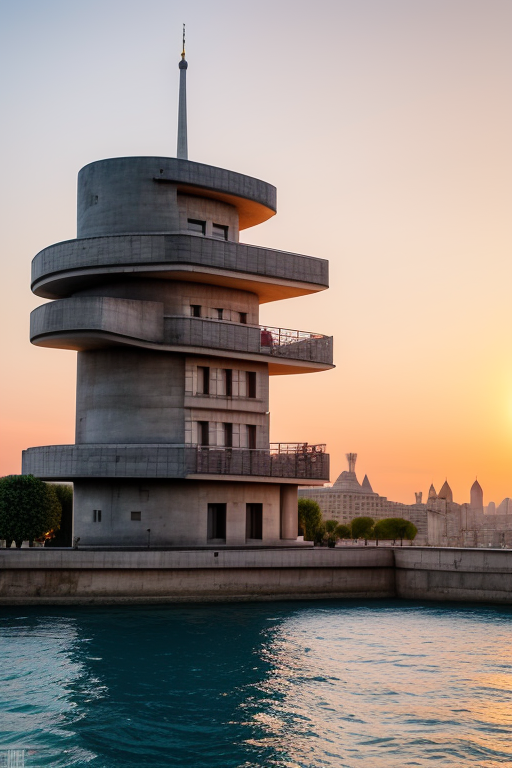 Tower, designed by Le Corbusier, Islamic architecture, sunset, in Paris, in the ocean