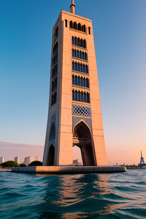 Tower, designed by Le Corbusier, Islamic architecture, sunset, in Paris, in the ocean