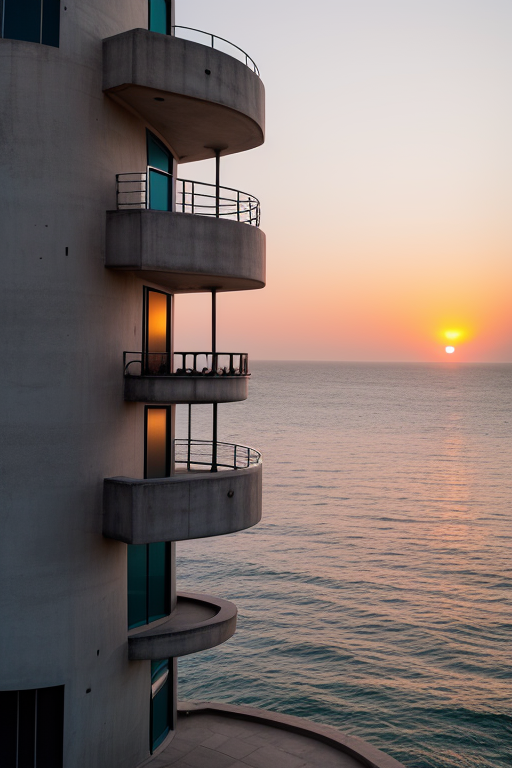 Tower, designed by Le Corbusier, Islamic architecture, sunset, in the ocean
