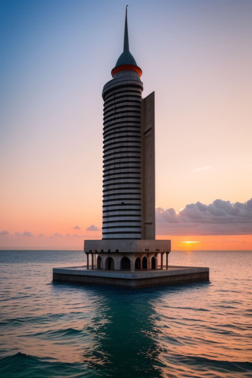 Tower, designed by Le Corbusier, Islamic architecture, sunset, in the ocean