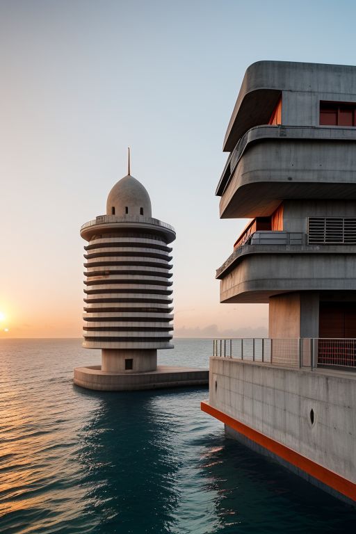 Tower, designed by Le Corbusier, Islamic architecture, sunset, in the ocean