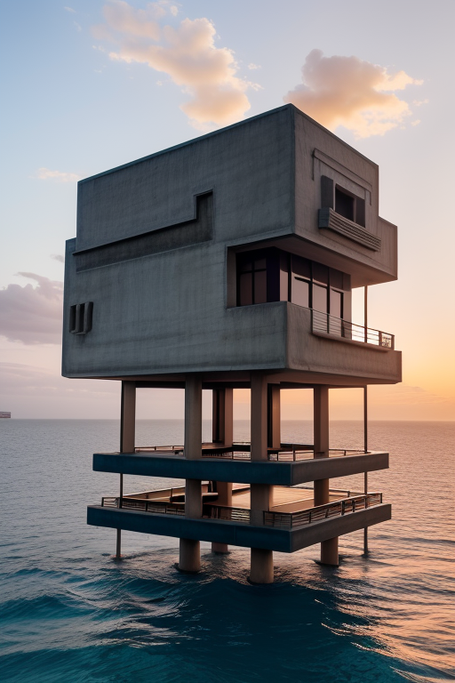 Tower, designed by Le Corbusier, Islamic architecture, sunset, in the ocean