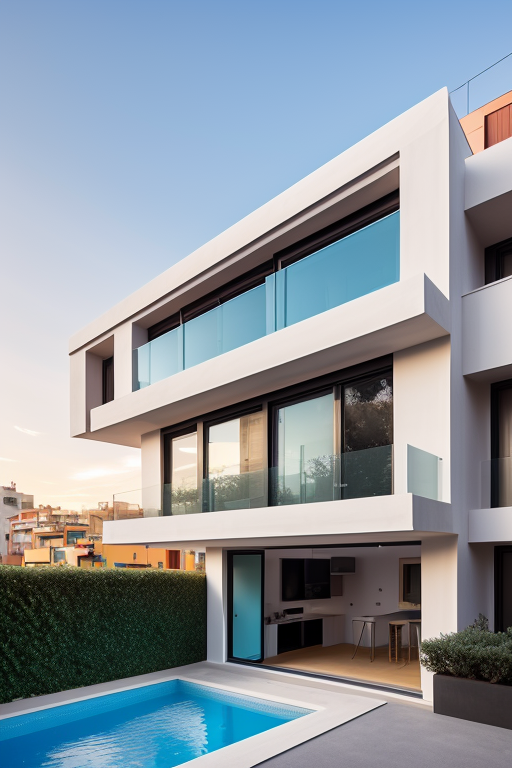 , designed by Rem Koolhas, Modern Architecture, Villa, sunset, in Barcelona, two floors in a street, low budget 