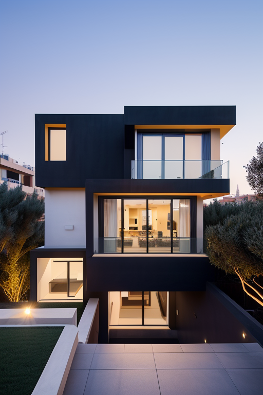 , designed by Rem Koolhas, Modern Architecture, Villa, sunset, in Barcelona, two floors in a street, low budget 