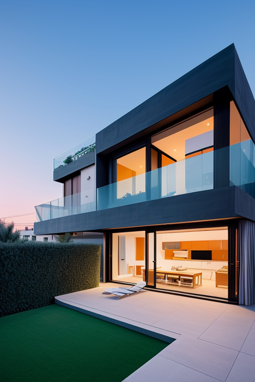 , designed by Rem Koolhas, Modern Architecture, Villa, sunset, in Barcelona, two floors in a street, low budget 