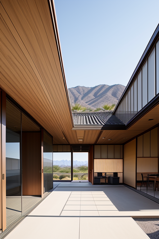 , Office, designed by Philip Johnson, Japanese architecture, morning, in the desert