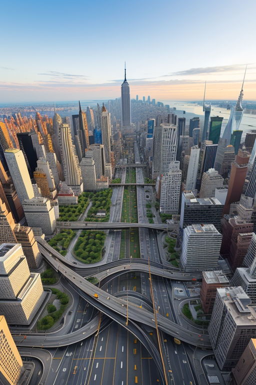 ciudad destruida, escena postapocalíptica, edificios semi-destruidos, carreteras con escombros, vegetación creciendo en todas las estructuras., Modern Architecture, in New York, morning, designed by Norman Foster, Building