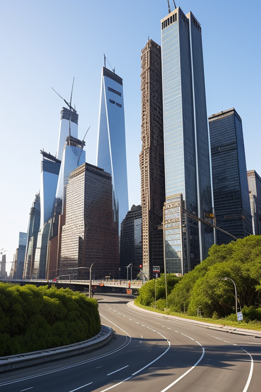 ciudad destruida, escena postapocalíptica, edificios semi-destruidos, carreteras con escombros, vegetación creciendo en todas las estructuras., Modern Architecture, in New York, morning, designed by Norman Foster, Building