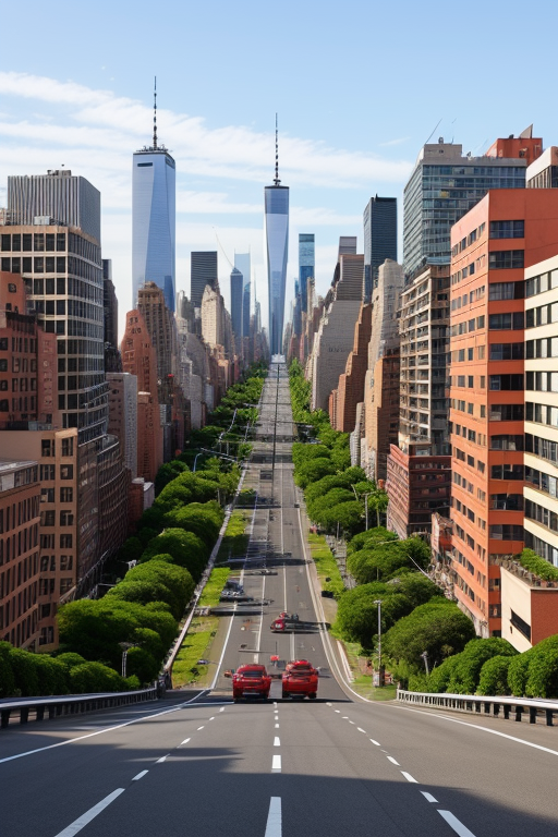 ciudad destruida, escena postapocalíptica, edificios semi-destruidos, carreteras con escombros, vegetación creciendo en todas las estructuras., Modern Architecture, in New York, morning, designed by Norman Foster, Building