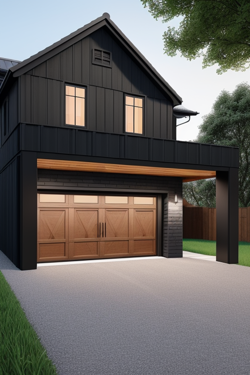 Create a render of a farm house with new garage extension and a cathedral ceiling second story above the garage. The garage is made out of black brick and the second story is made out the Corten cladding 