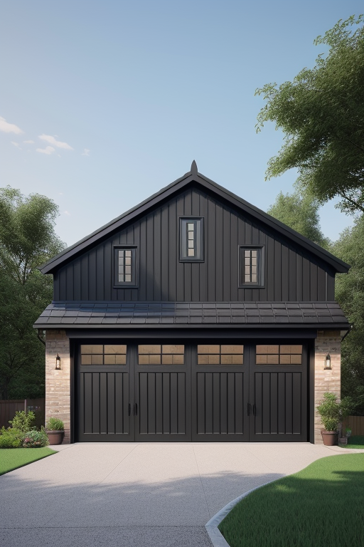 Create a render of a farm house with new garage extension and a cathedral ceiling second story above the garage. The garage is made out of black brick and the second story is made out the Corten cladding 