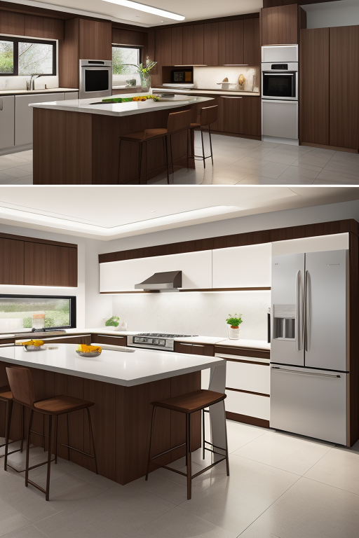 Interior render of a kitchen with kitchen island and open pantry on the side wall with LED strip under