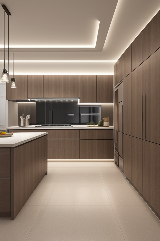 Interior render of a kitchen with kitchen island and open pantry on the side wall with LED strip under