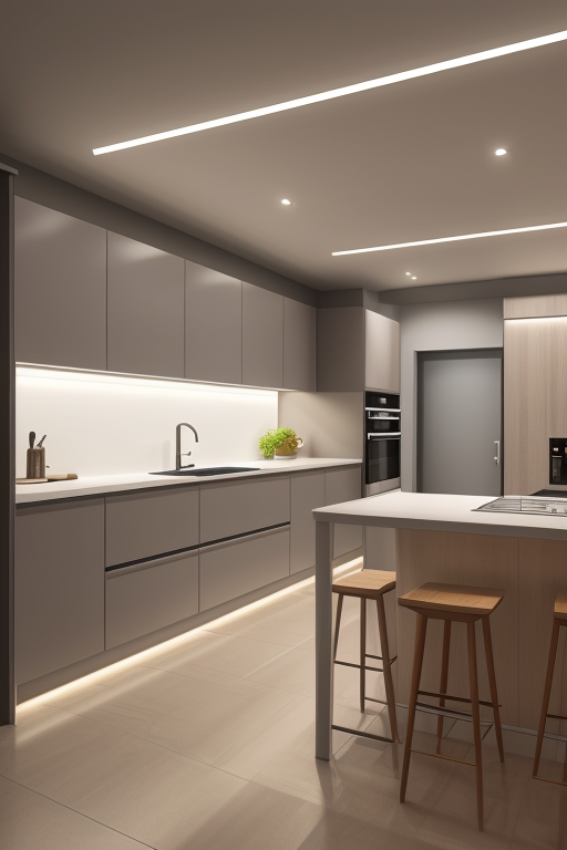 Interior render of a kitchen with kitchen island and open pantry on the side wall with LED strip under