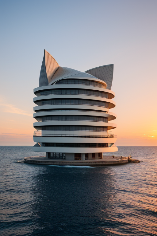 , designed by Philip Johnson, Neofuturist Architecture, in the ocean, sunset