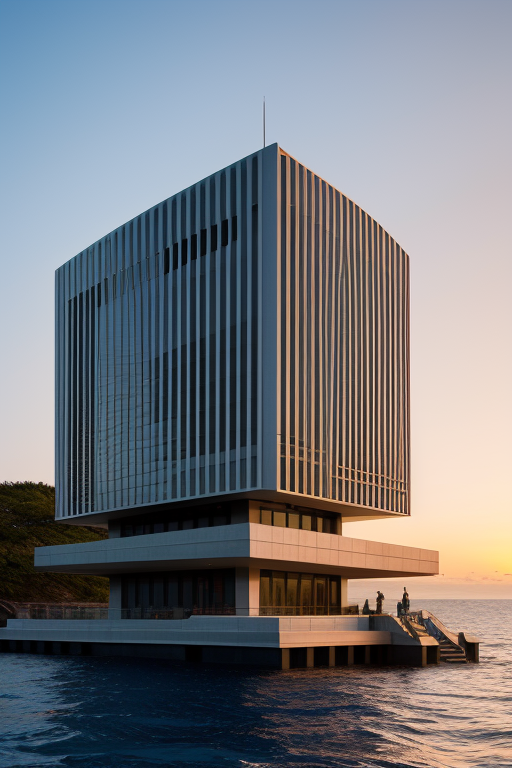 , designed by Philip Johnson, Neofuturist Architecture, in the ocean, sunset