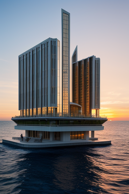 , designed by Philip Johnson, Neofuturist Architecture, in the ocean, sunset
