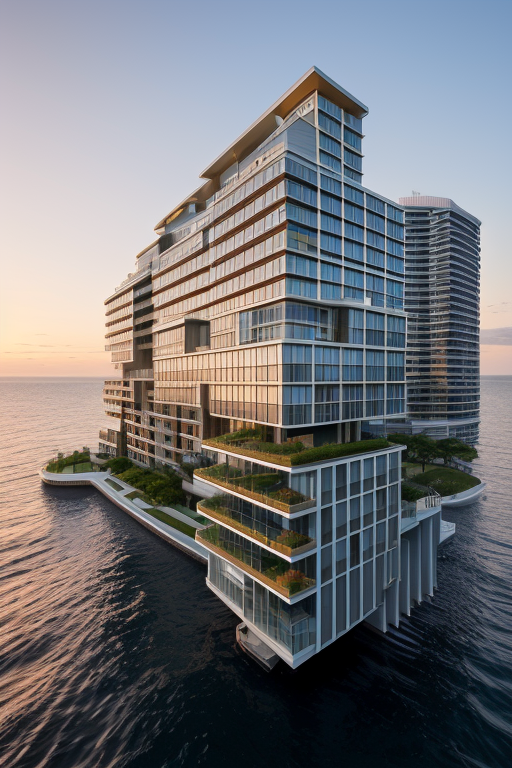 , designed by Philip Johnson, Neofuturist Architecture, in the ocean, sunset, Townhouse
